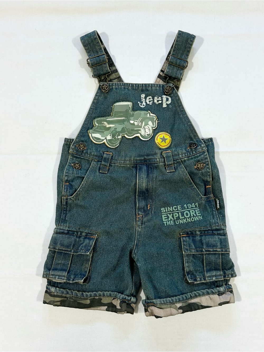 Jeep Baby Toddler Size 2T Overalls Patch Denim Camo Cargo Safari Explore Shorts